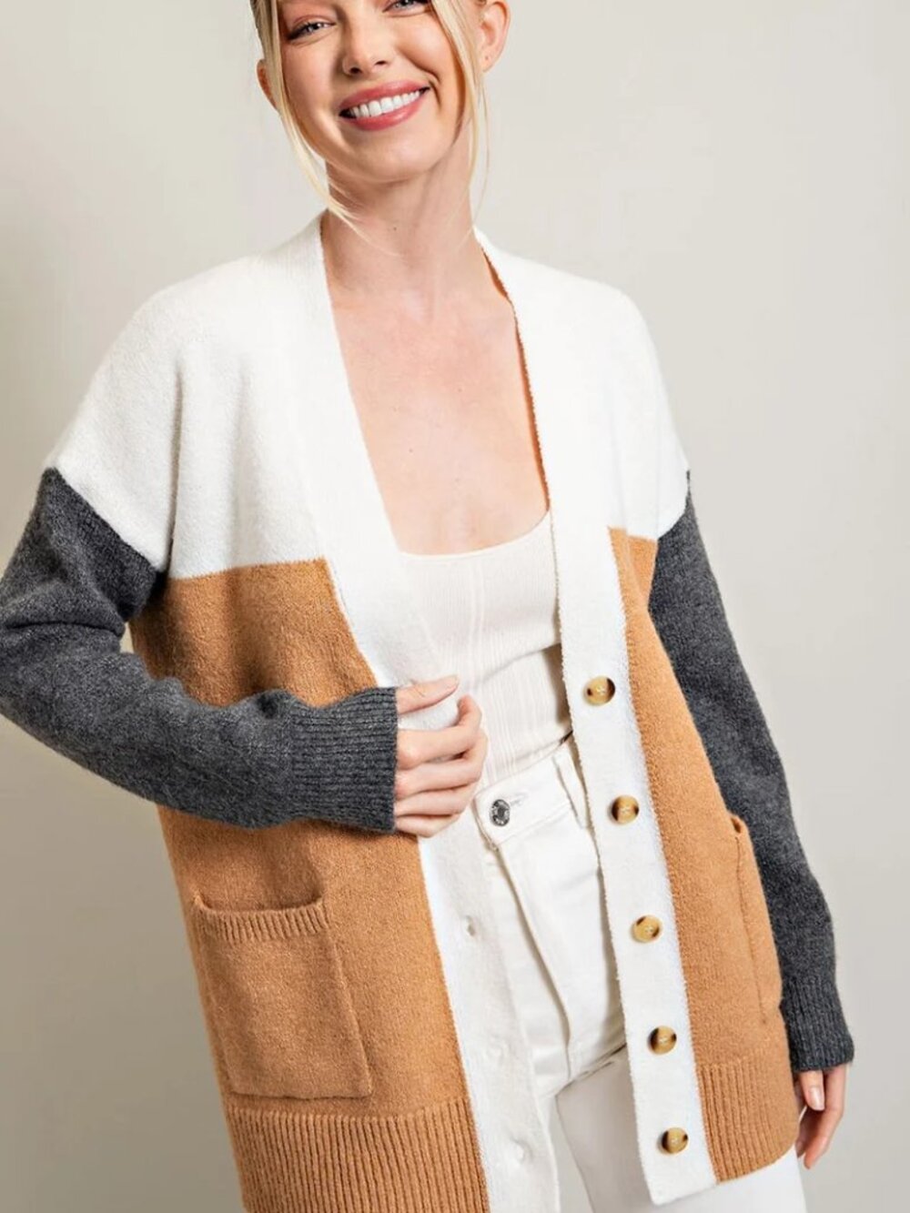 Madewell Women's Tan Gray Allston Contrast Colorblock Cardigan Sweater Size M